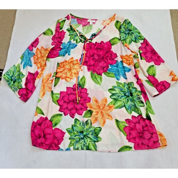 Charter Club Top Floral Size 0X Soft Flowy Sheer Bell Sleeves Side Slits - Picture 10 of 10